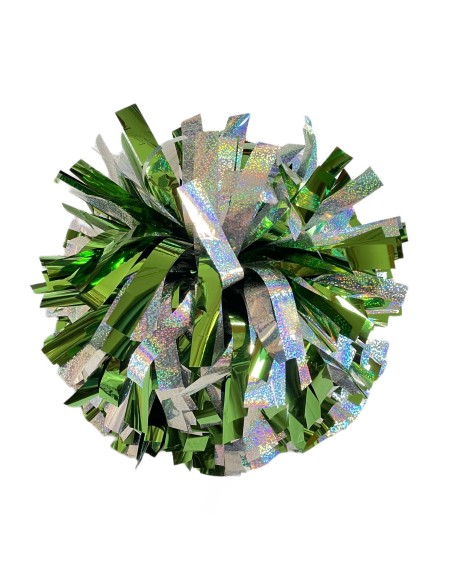Pom pon professionale 6" con impugnatura centrale - Olografico Argento Metallico Verde